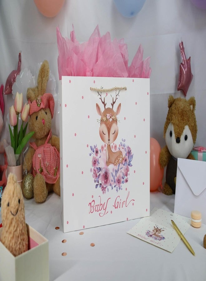 Oletx 13" Baby Shower Pink Gift Bag,Pink Party Favor Bag With Tissue Paper Greeting Card(Deer Design) - Image 5